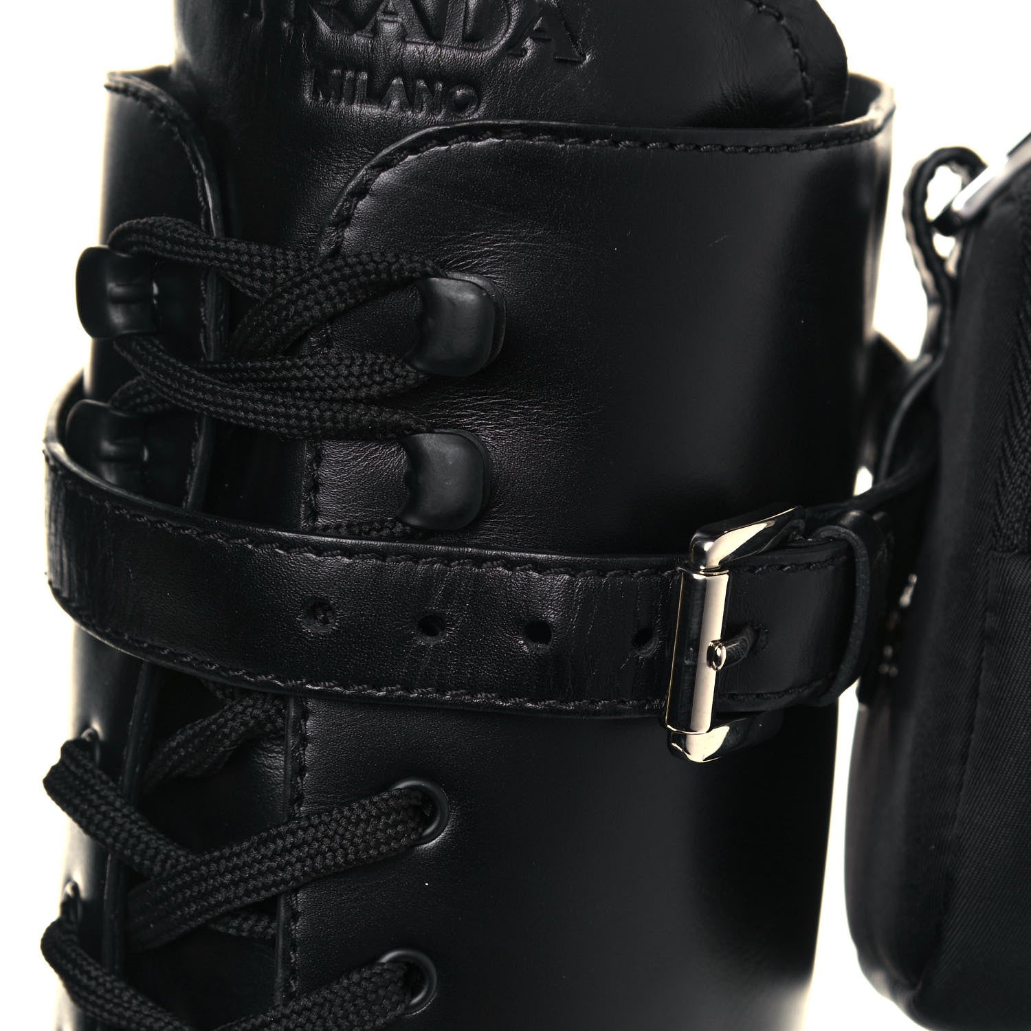 Prada Vitello Lux Nylon Metal Triangle Logo Monolith Pouch Pocket 55mm Tall Combat Boots 40.5 Black 9 of 10
