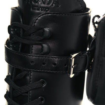 Prada Vitello Lux Nylon Metal Triangle Logo Monolith Pouch Pocket 55mm Tall Combat Boots 40.5 Black 9 of 10