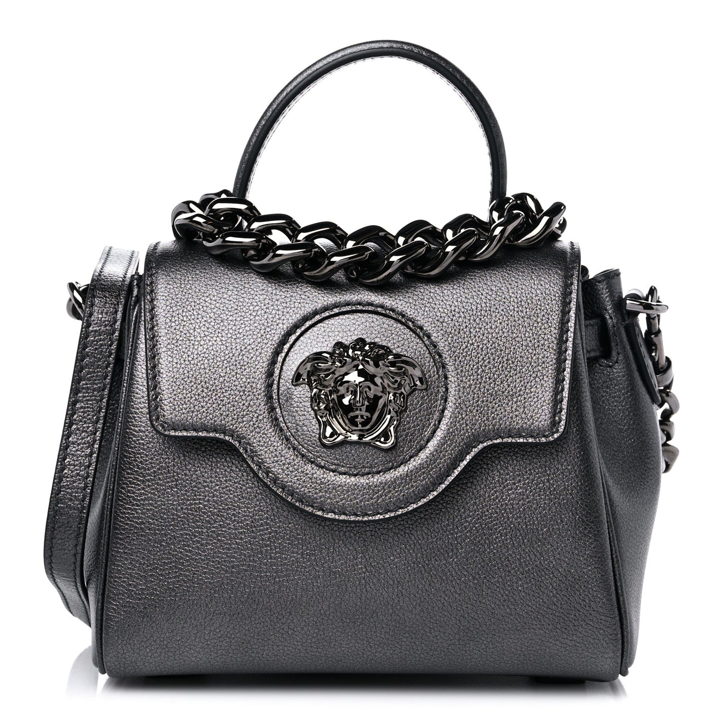 Metallic Grained Calfskin Medusa Small Top Handle Handbag Gunmetal