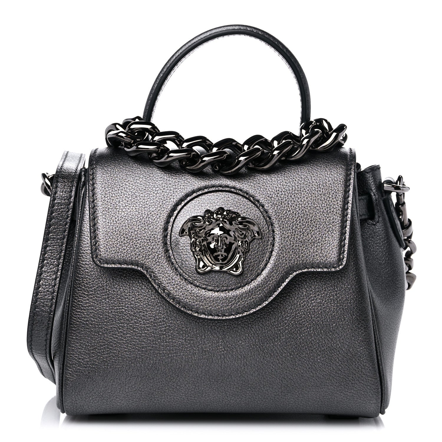 Versace Metallic Grained Calfskin Medusa Small Top Handle Handbag Gunmetal 1 of 8