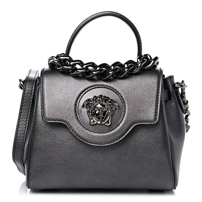 Versace Metallic Grained Calfskin Medusa Small Top Handle Handbag Gunmetal 1 of 8