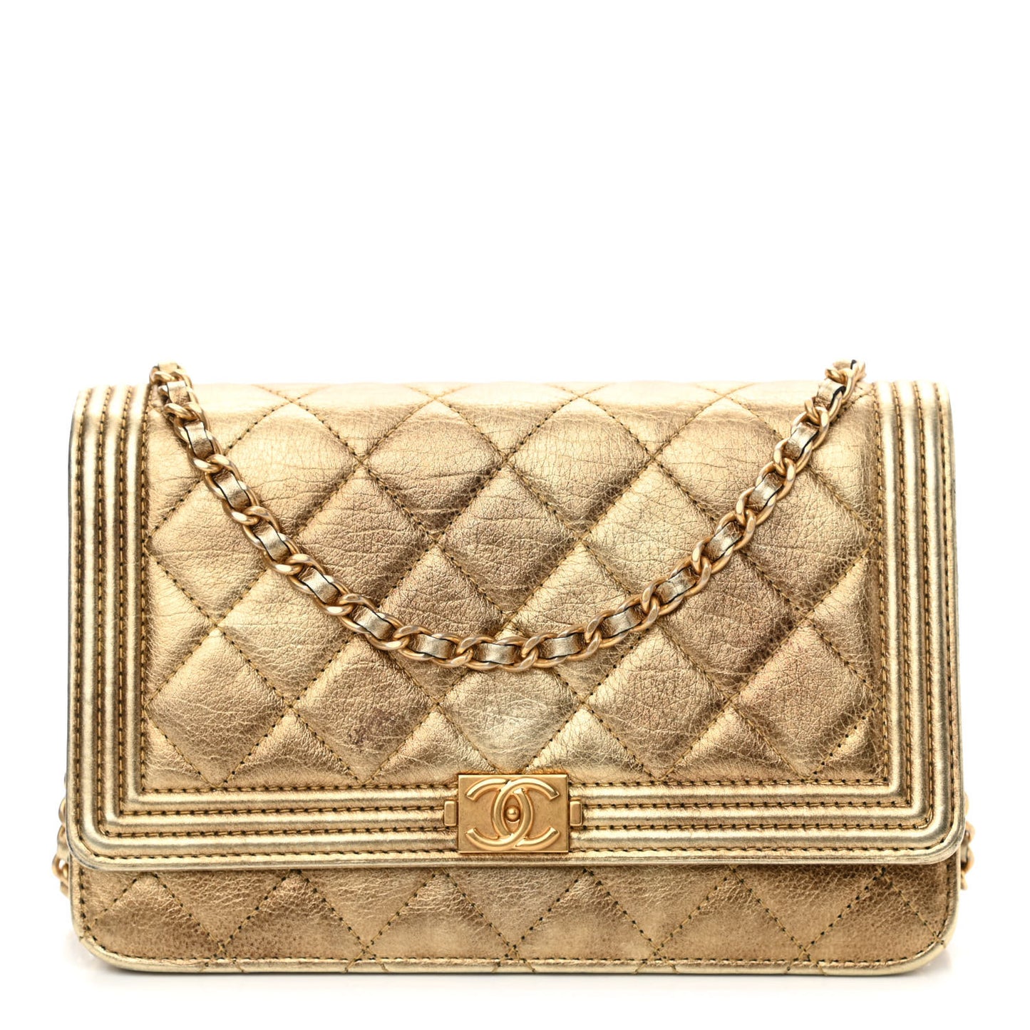 Distressed Calfskin Quilted Boy Wallet On Chain WOC Gold