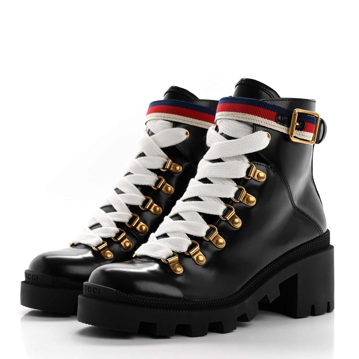 Gucci Calfskin Sylvie Web Womens Lace Up Combat Boots 35.5 Black 3 of 10