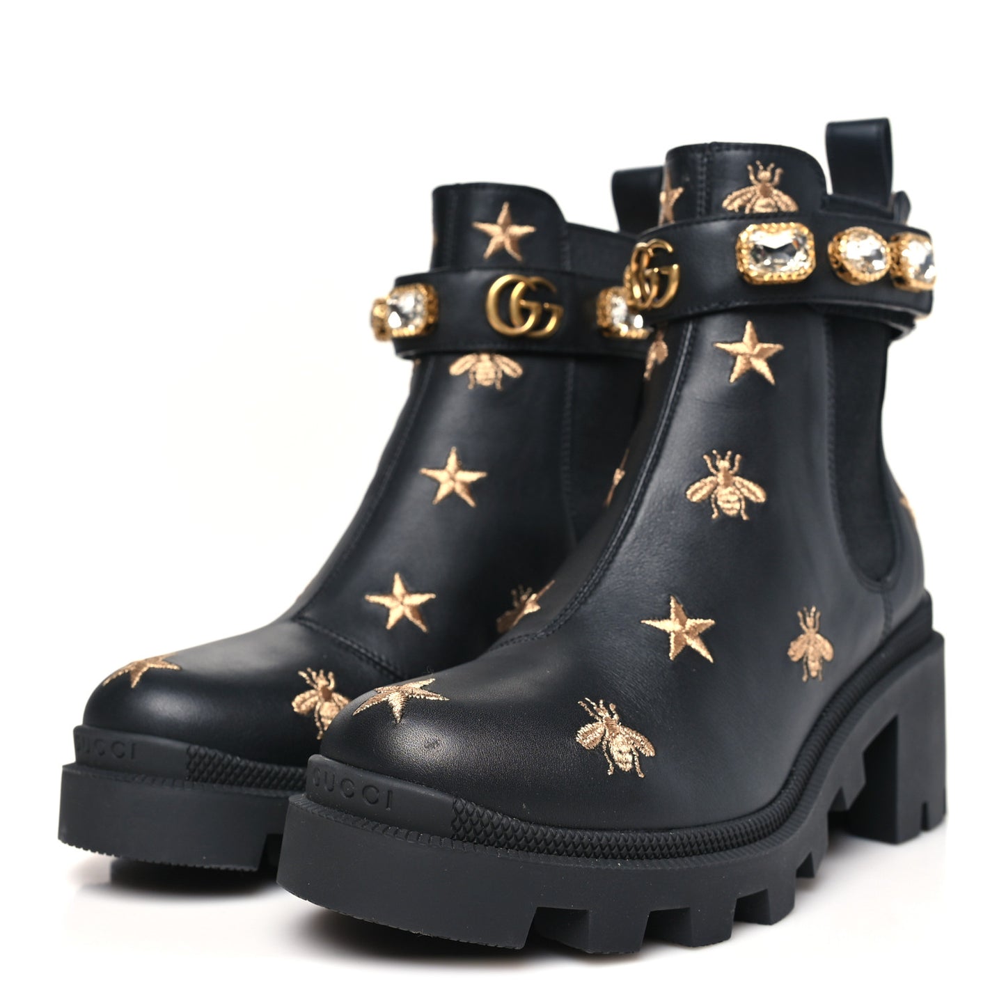Calfskin Bee Star Embroidered Belt Ankle Boots 36.5 Black