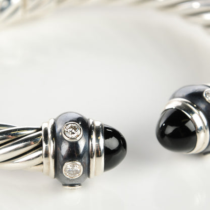 David Yurman Sterling Silver Pave Diamond Onyx 8.5mm Cable Renaissance Bracelet 3 of 5