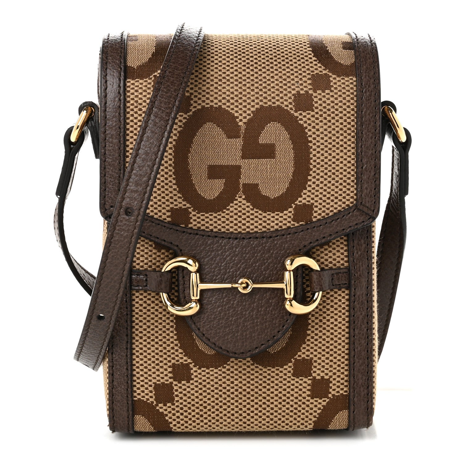 Gucci Monogram Jumbo GG Textured Dollar Calfskin Mini Horsebit 1955 Crossbody Bag Camel Ebony New Acero 1 of 11