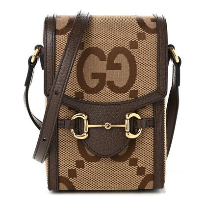 Gucci Monogram Jumbo GG Textured Dollar Calfskin Mini Horsebit 1955 Crossbody Bag Camel Ebony New Acero 1 of 11