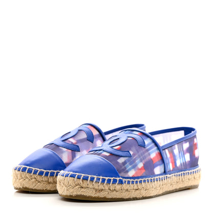 Chanel Mesh Lambskin Plaid Print CC Espadrilles 38 Blue White Red 3 of 9