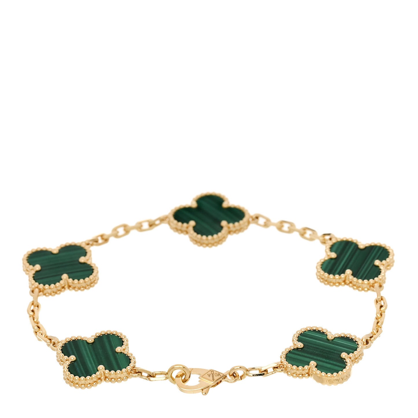 18K Yellow Gold Malachite 5 Motifs Vintage Alhambra Bracelet