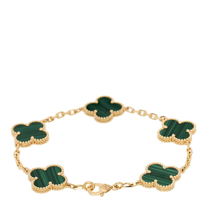 Van Cleef & Arpels 18K Yellow Gold Malachite 5 Motifs Vintage Alhambra Bracelet 2 of 5