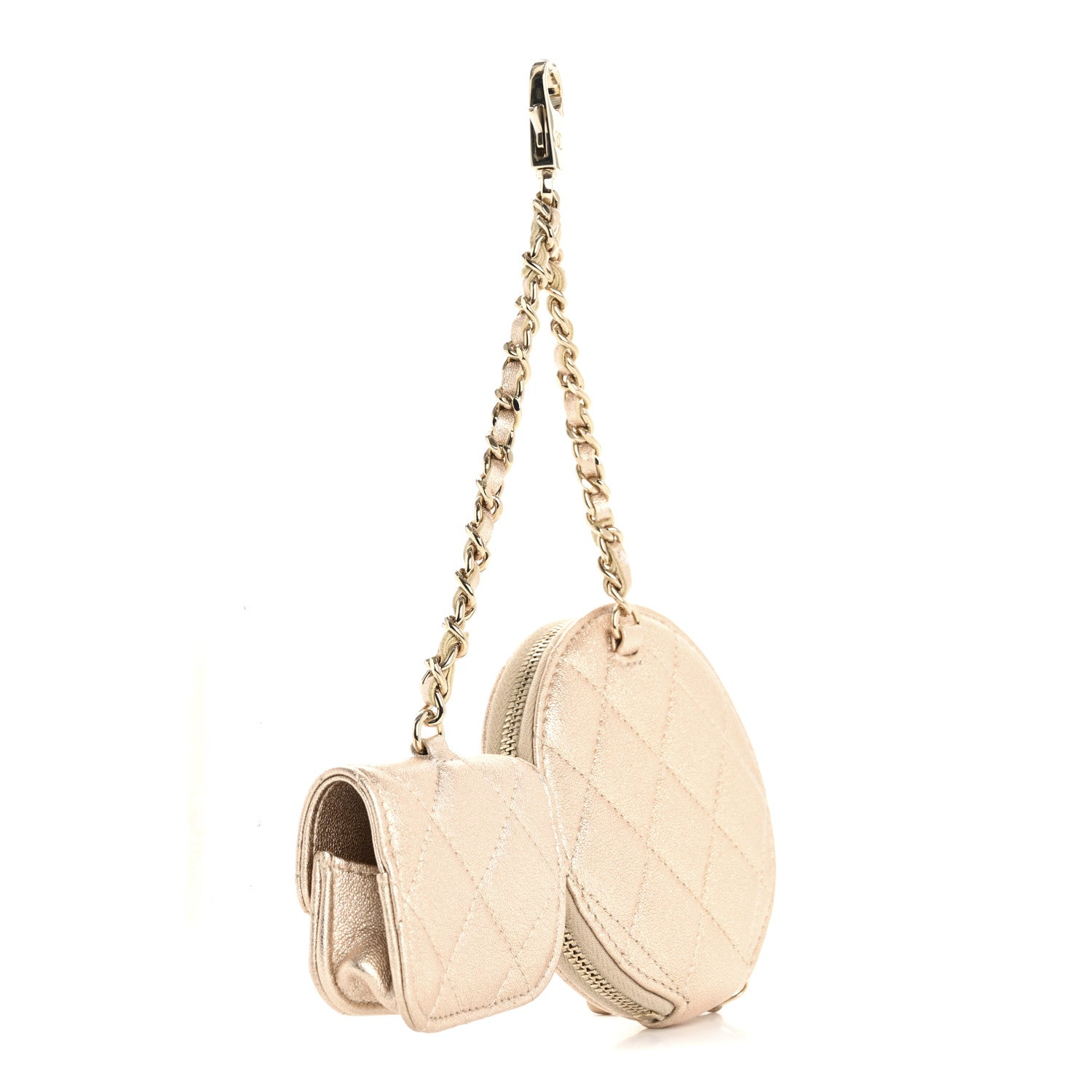 Chanel Metallic Lambskin Quilted Round Clip On Coin Purse Airpods Case Gold 3 of 9