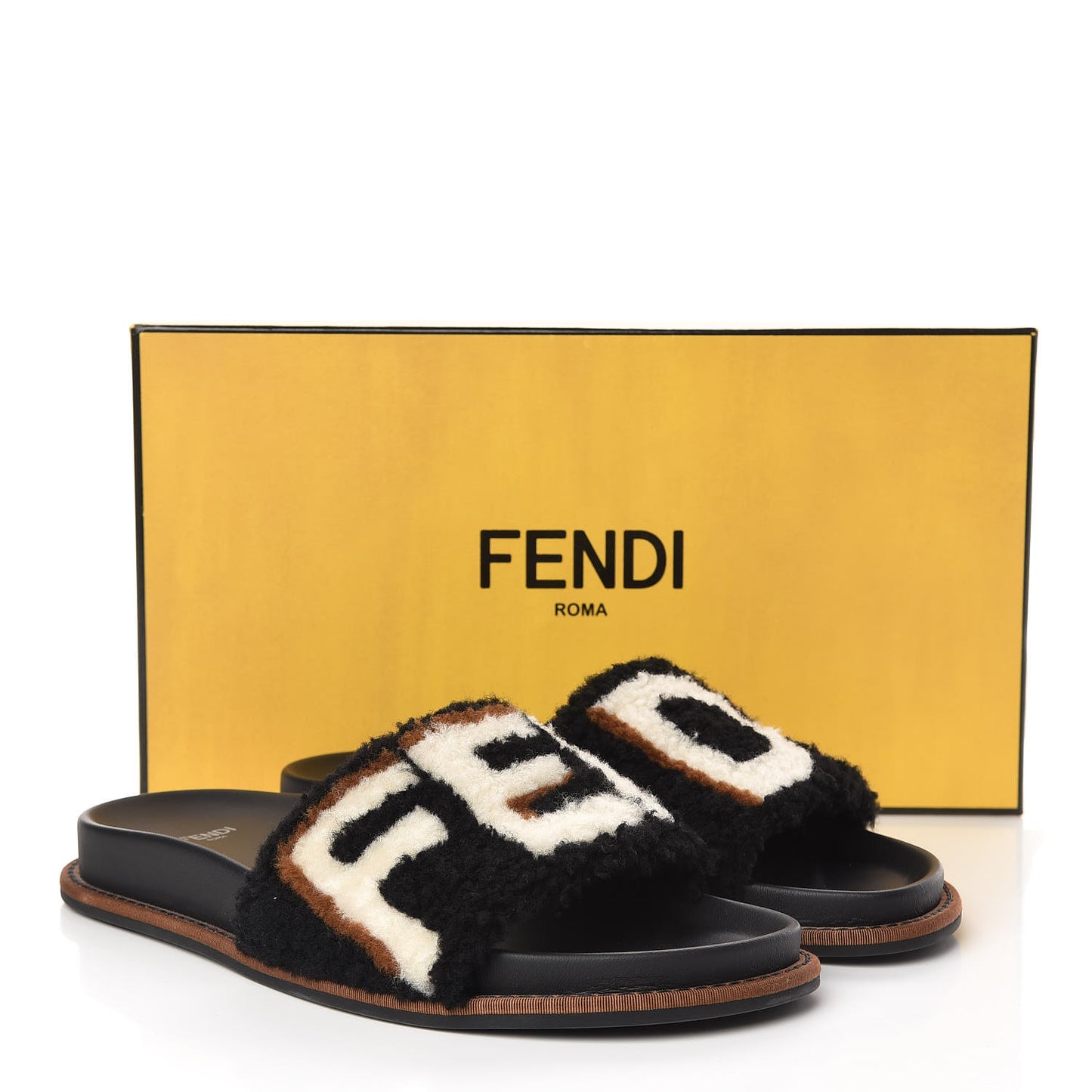 Shearling Logo Slide Sandals 39 Black Latte Brownie