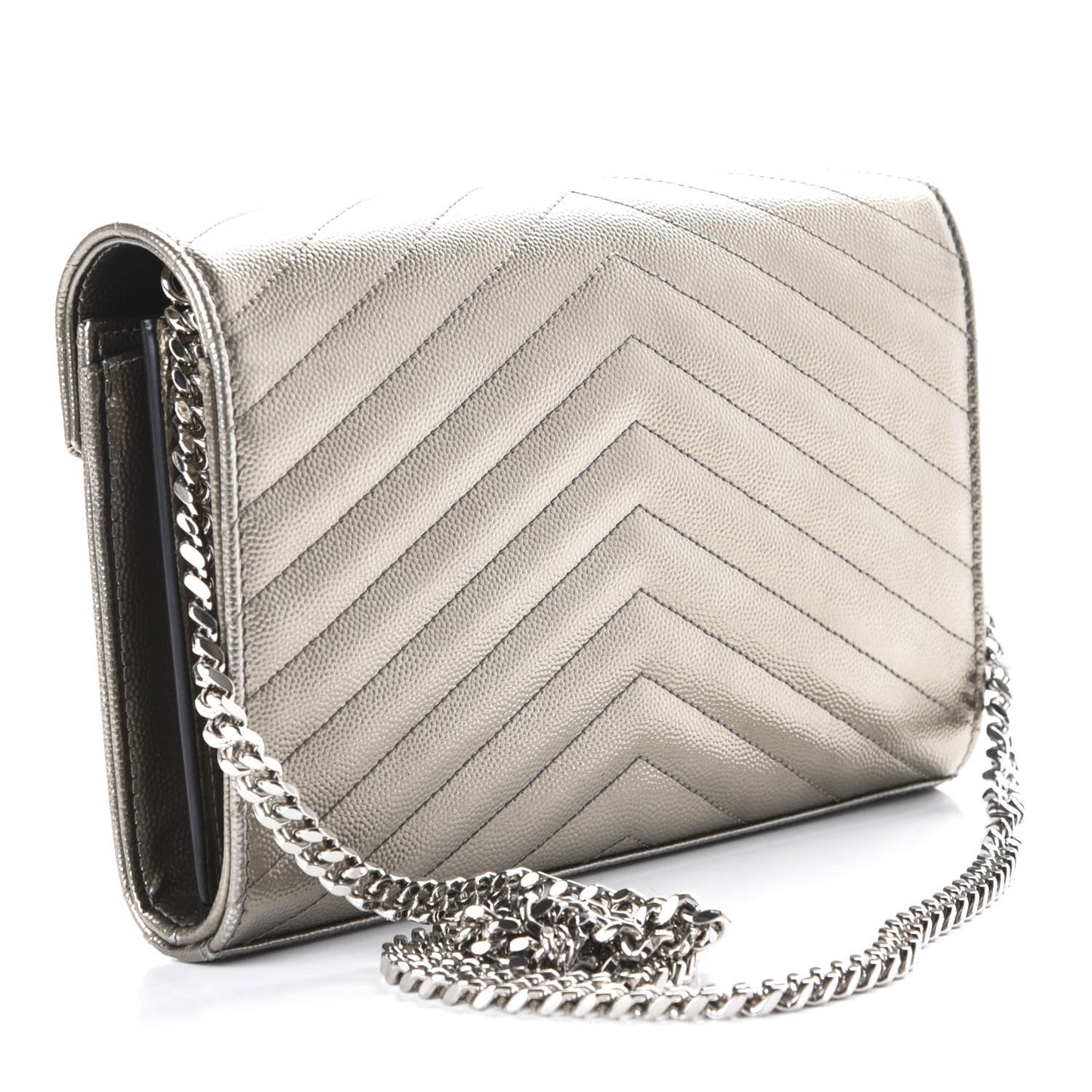 Metallic Grain De Poudre Matelasse Chevron Monogram Chain Wallet Piombo