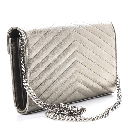 Saint Laurent Metallic Grain De Poudre Matelasse Chevron Monogram Chain Wallet Piombo 3 of 9
