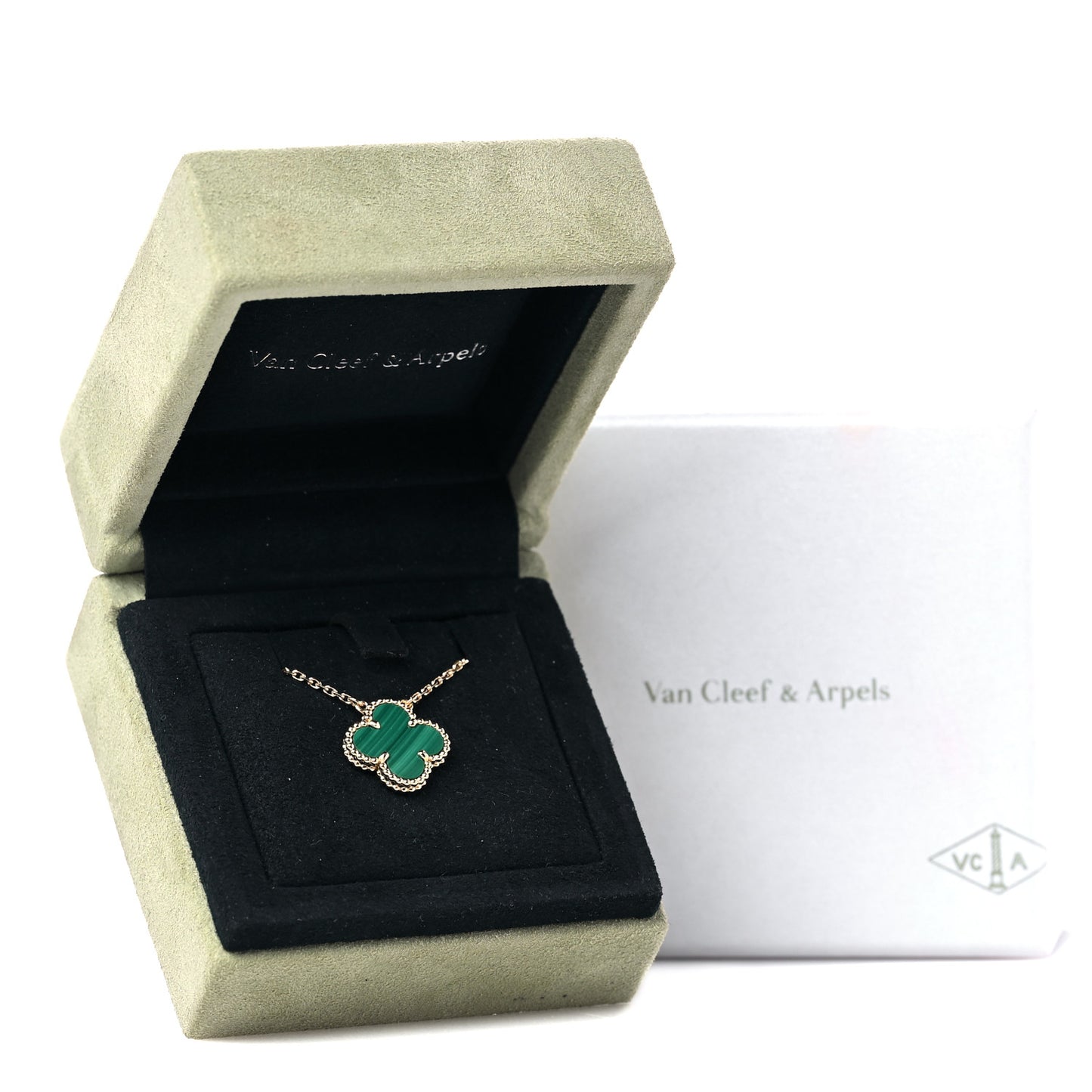 18K Yellow Gold Malachite Vintage Alhambra Pendant Necklace
