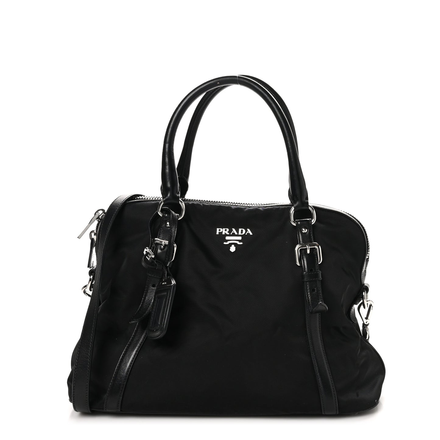 Tessuto Nylon Calfskin Dome Satchel Black