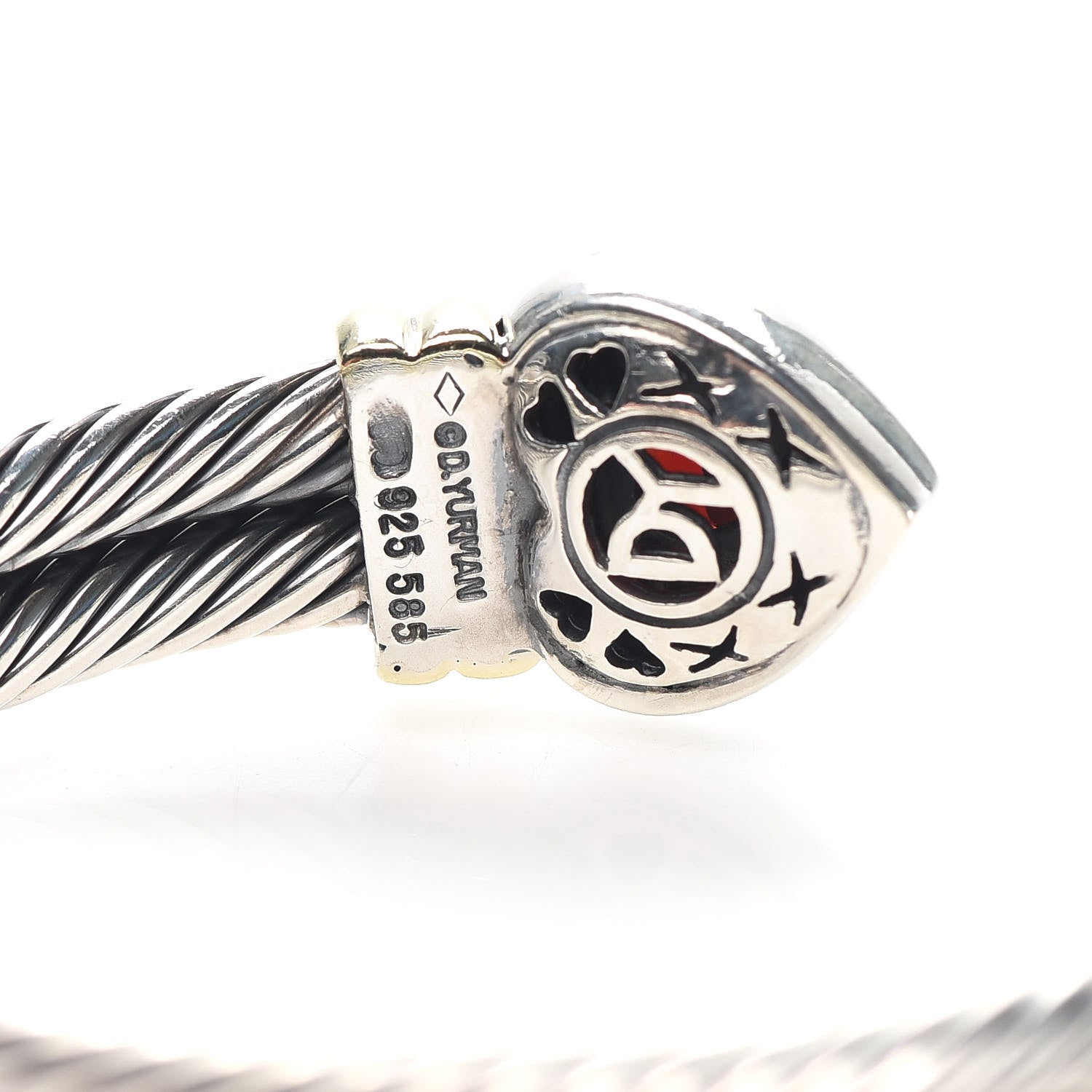 David Yurman Sterling Silver 14K Yellow Gold Garnet Heart Double Cable Cuff Bracelet 5 of 5