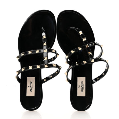 Valentino Garavani PVC Jelly Rockstud Caged Flat Thong Sandals 38 Black 2 of 8