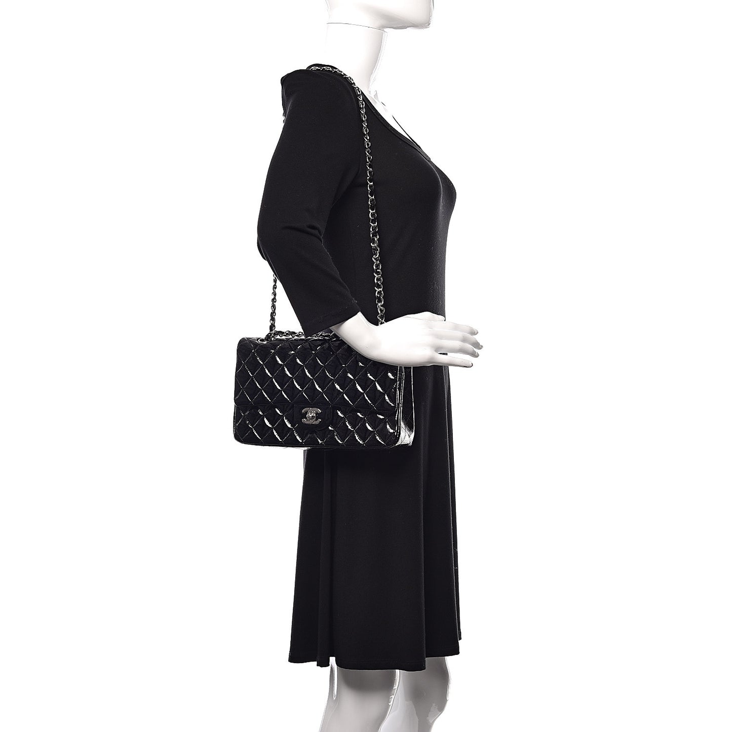 Distressed Patent Quilted Medium Double Flap Black