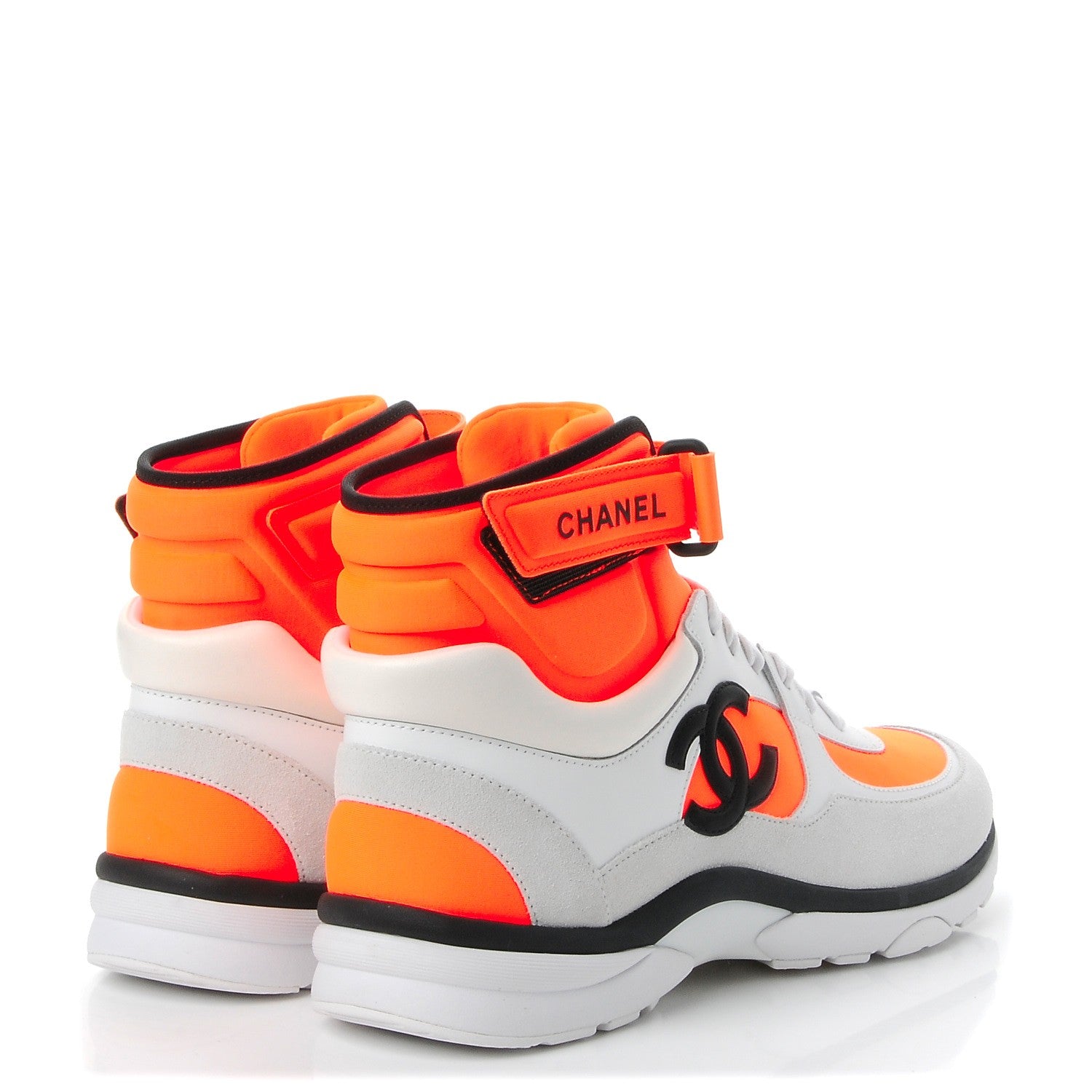 Chanel Suede Calfskin Lambskin Neoprene High Top CC Sneakers 38.5 White Fluo Orange 4 of 10
