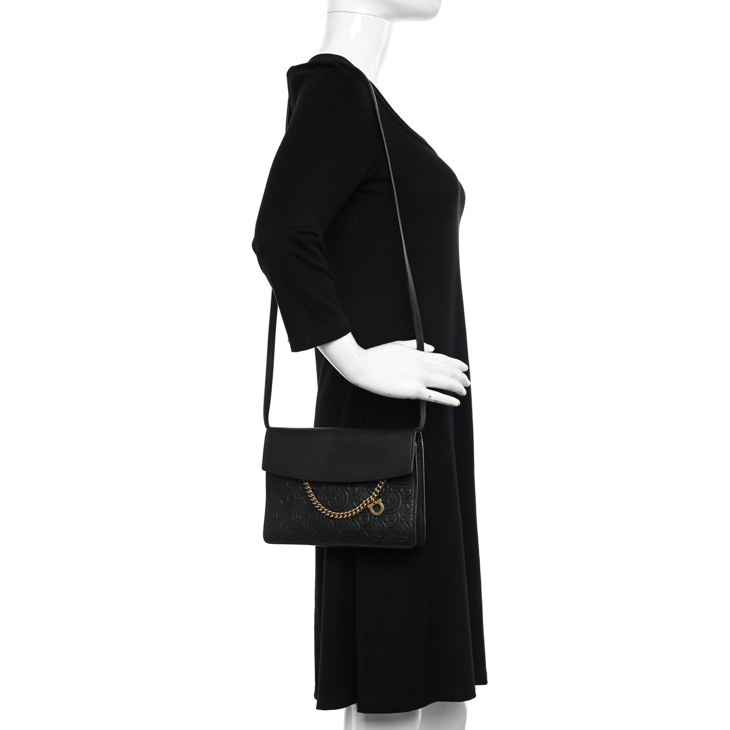 Calfskin Gancini Embossed Chain Bag Black