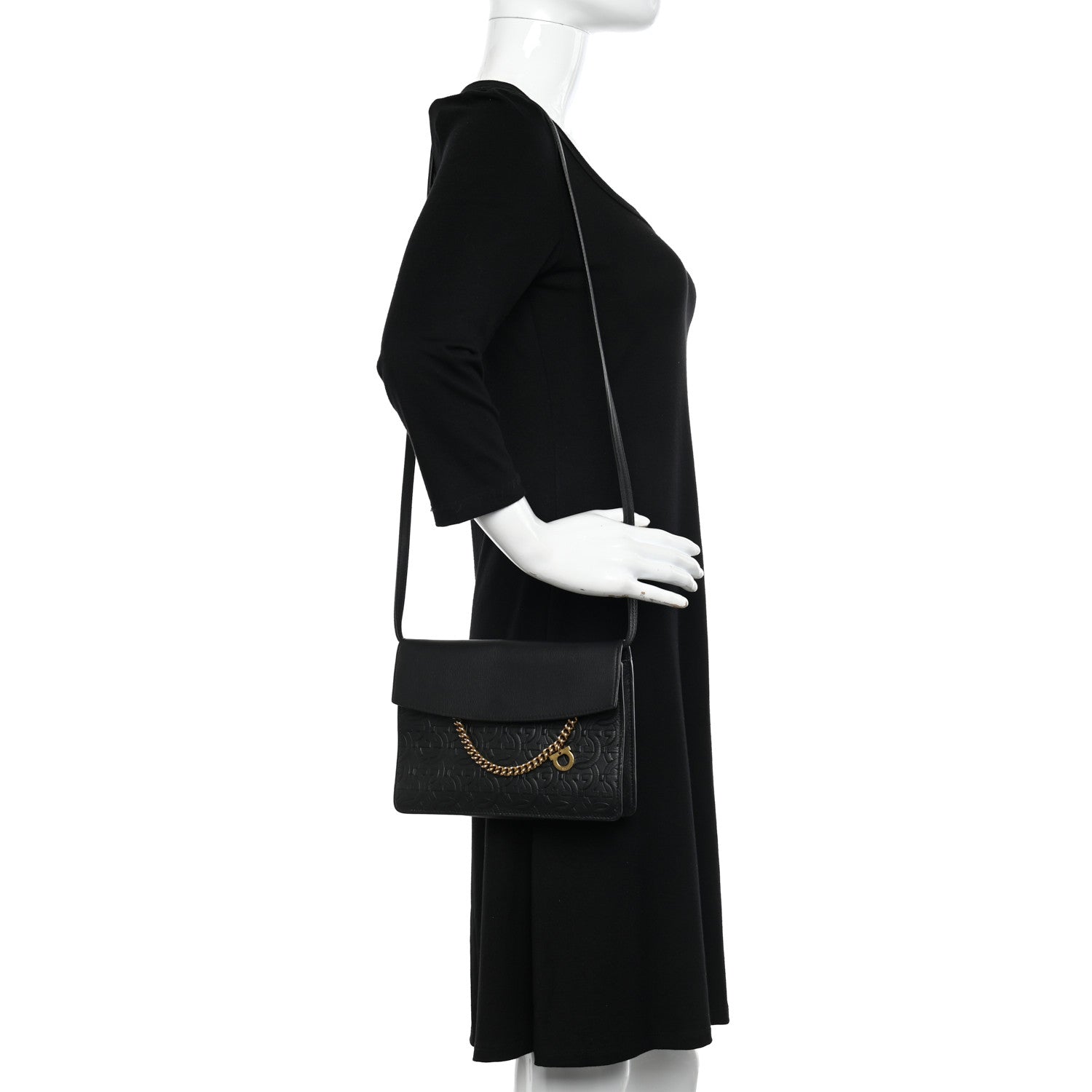 Salvatore Ferragamo Calfskin Gancini Embossed Chain Bag Black 2 of 10
