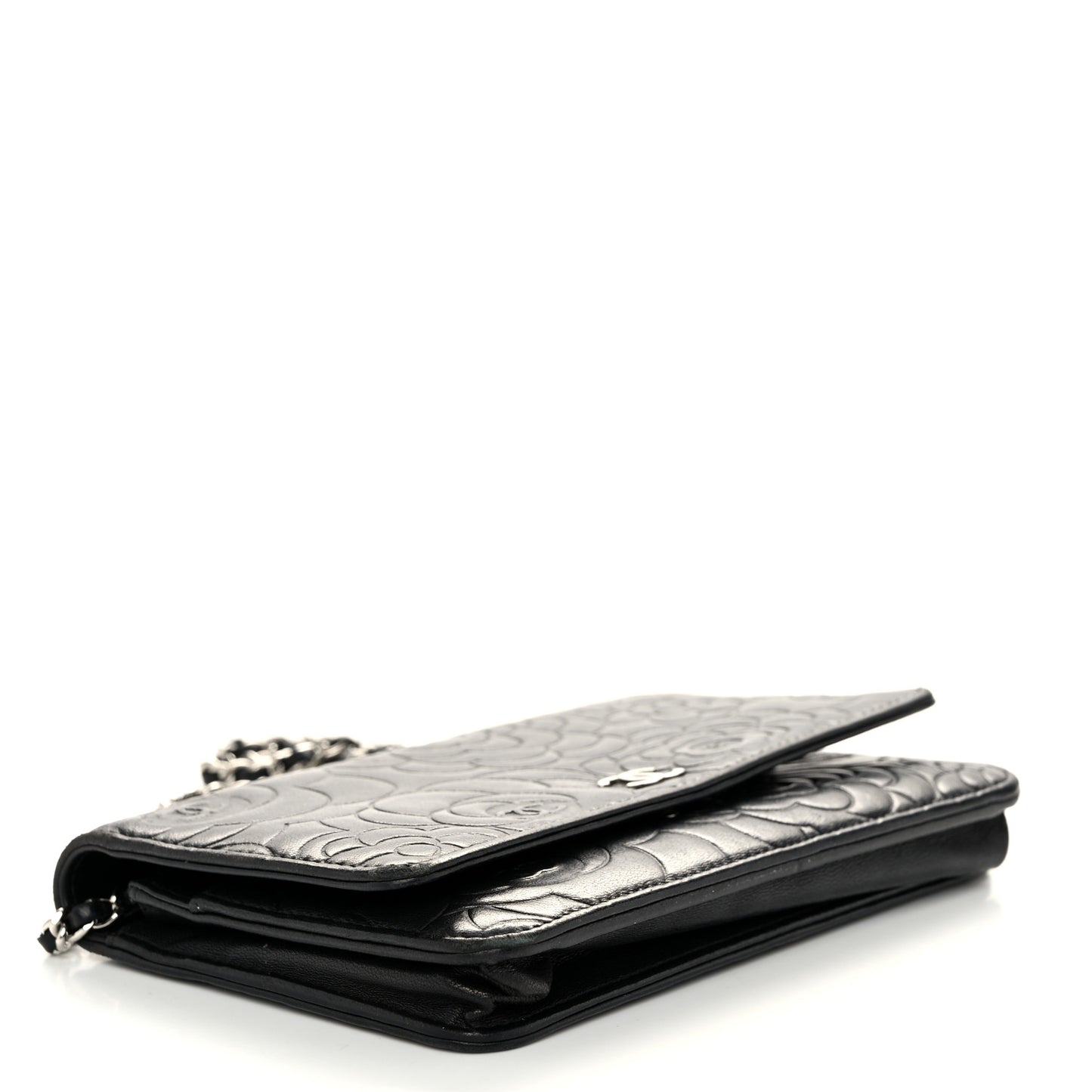 Lambskin Camellia Embossed Wallet On Chain WOC Black