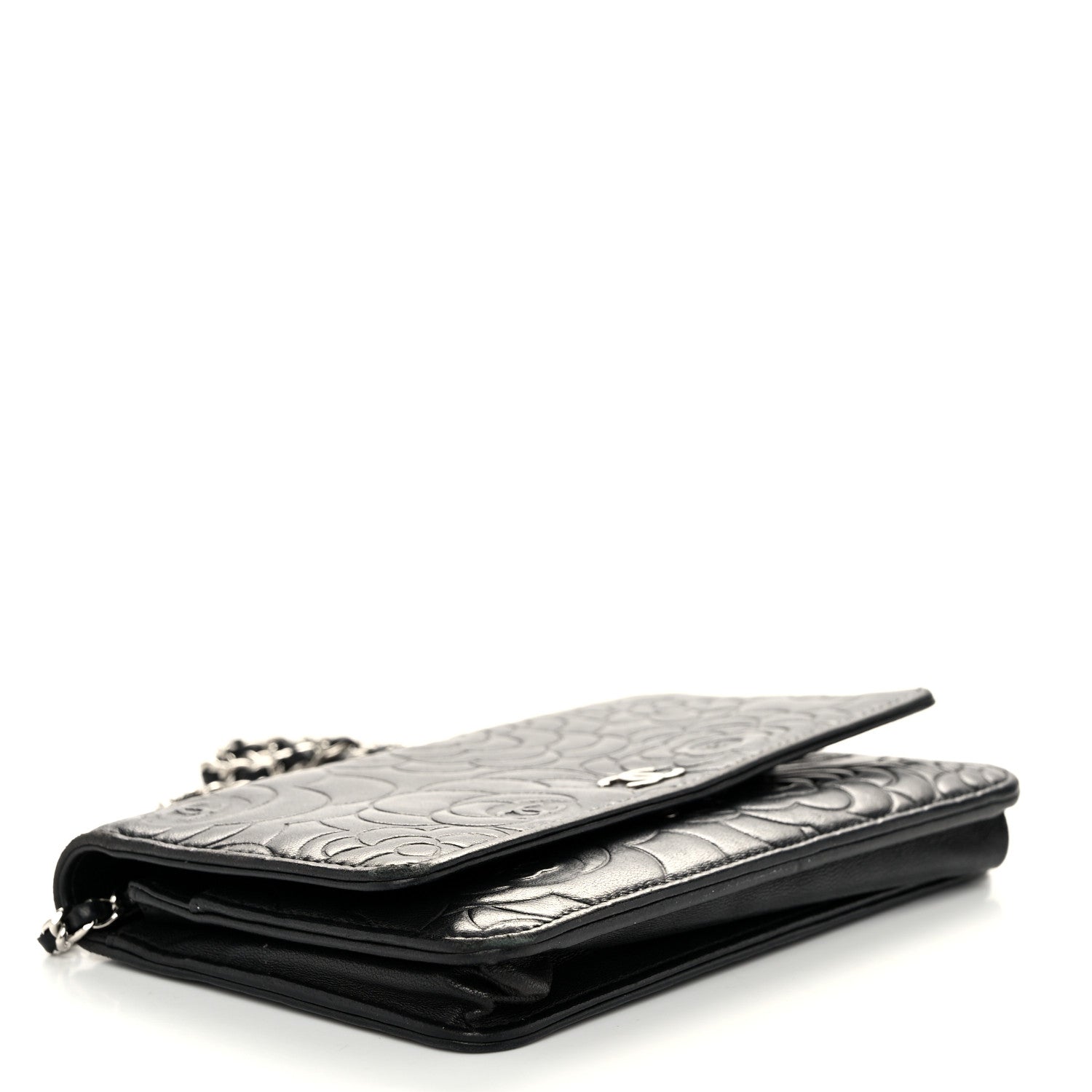 Chanel Lambskin Camellia Embossed Wallet On Chain WOC Black 4 of 11
