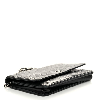 Chanel Lambskin Camellia Embossed Wallet On Chain WOC Black 4 of 11