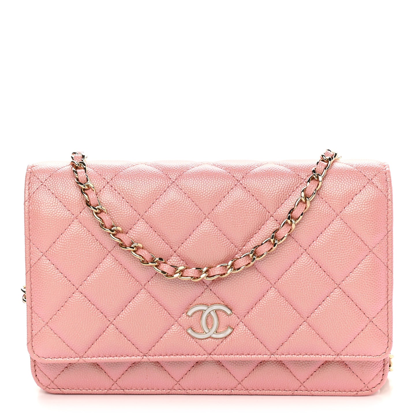 Iridescent Caviar Quilted Wallet on Chain WOC Rose Pink