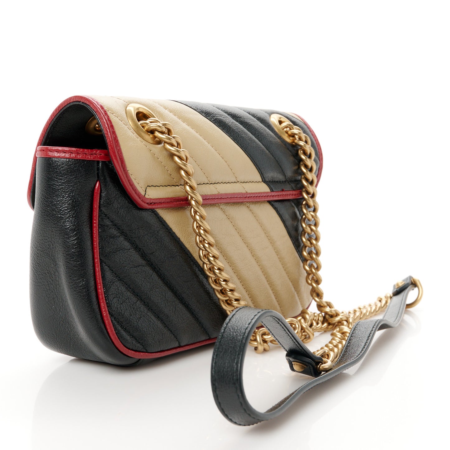 Vintage Effect Calfskin Matelasse Diagonal Striped Mini Torchon GG Marmont Shoulder Bag Black Beige