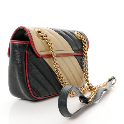 Gucci Vintage Effect Calfskin Matelasse Diagonal Striped Mini Torchon GG Marmont Shoulder Bag Black Beige 3 of 11