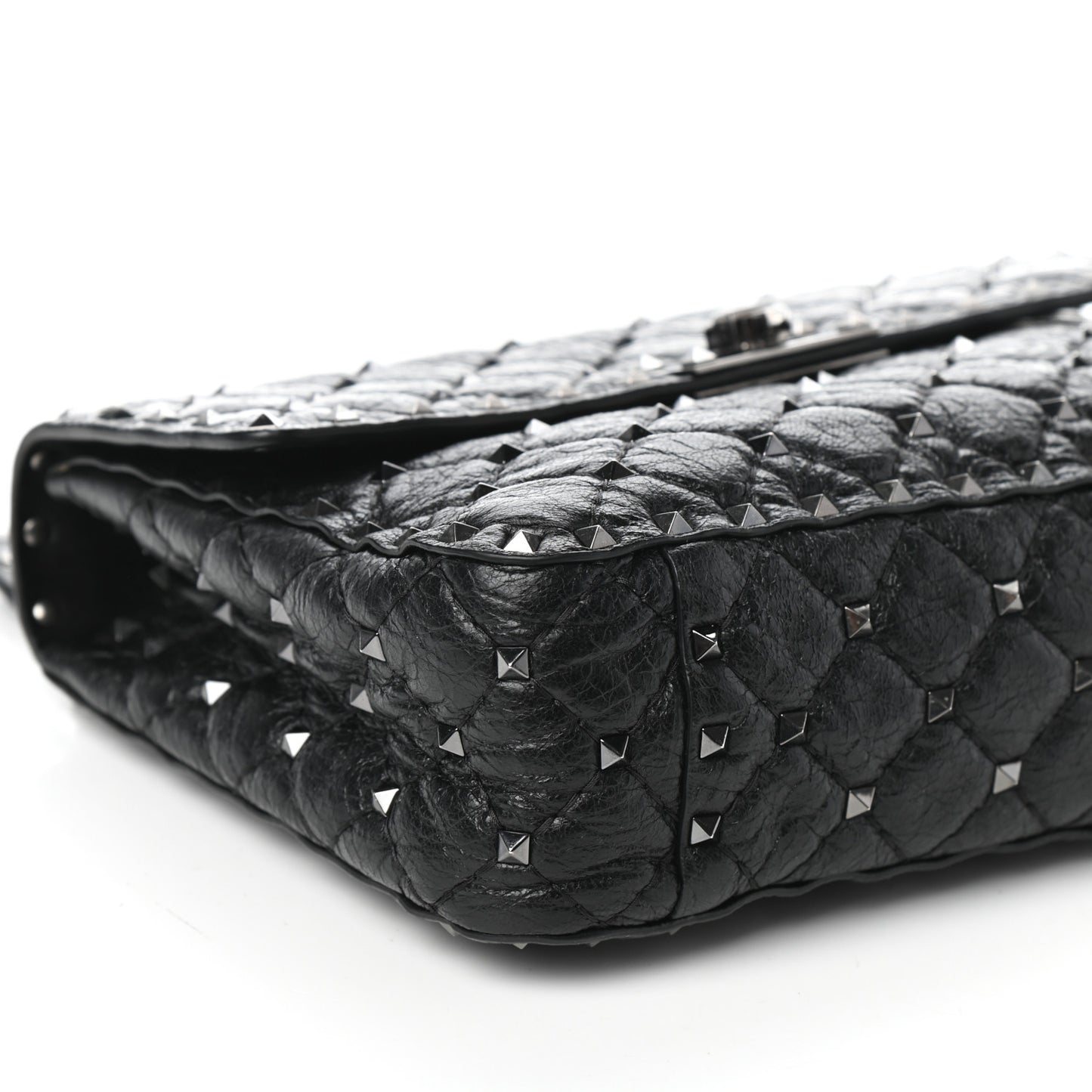 Craquele Nappa Medium Rockstud Spike Shoulder Bag Black