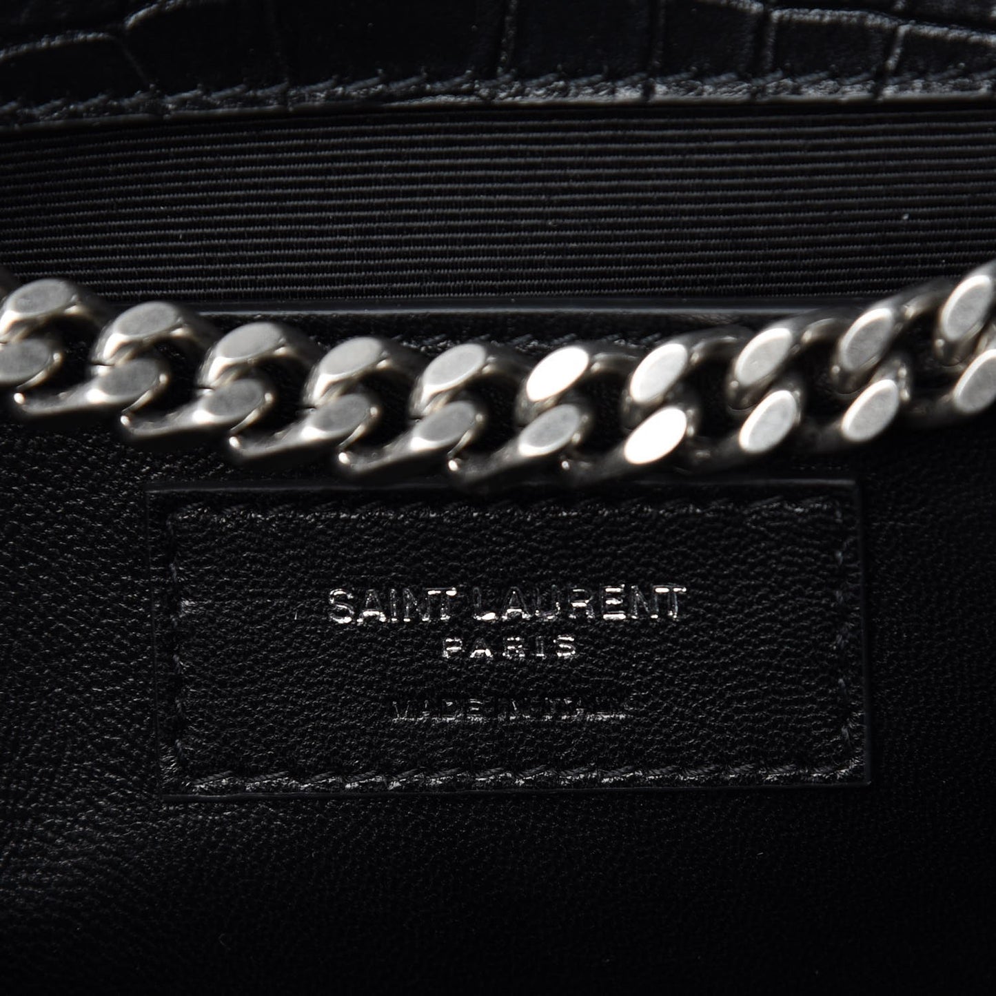 Calfskin Crocodile Embossed Large Classic Monogram Kate Satchel Black