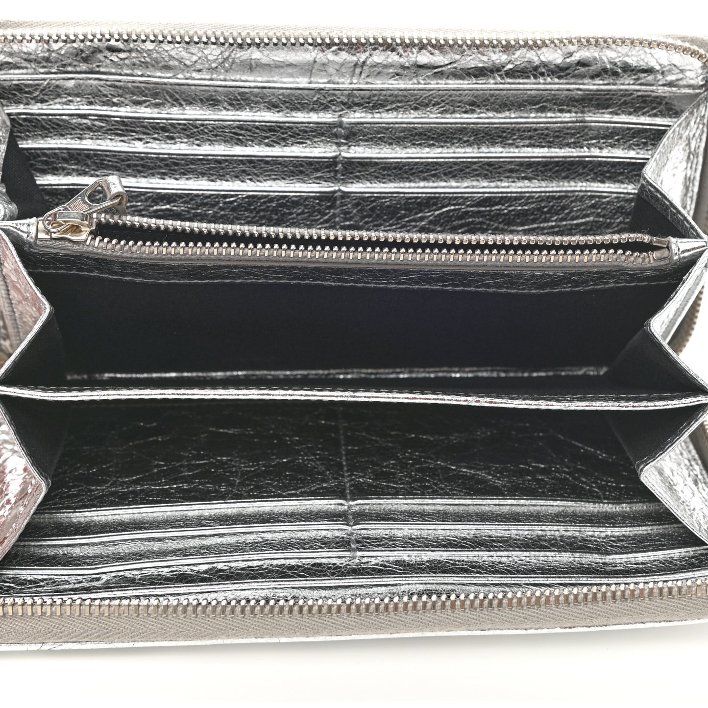 Metallic Calfskin Essential Continental Zip Around Wallet Silver