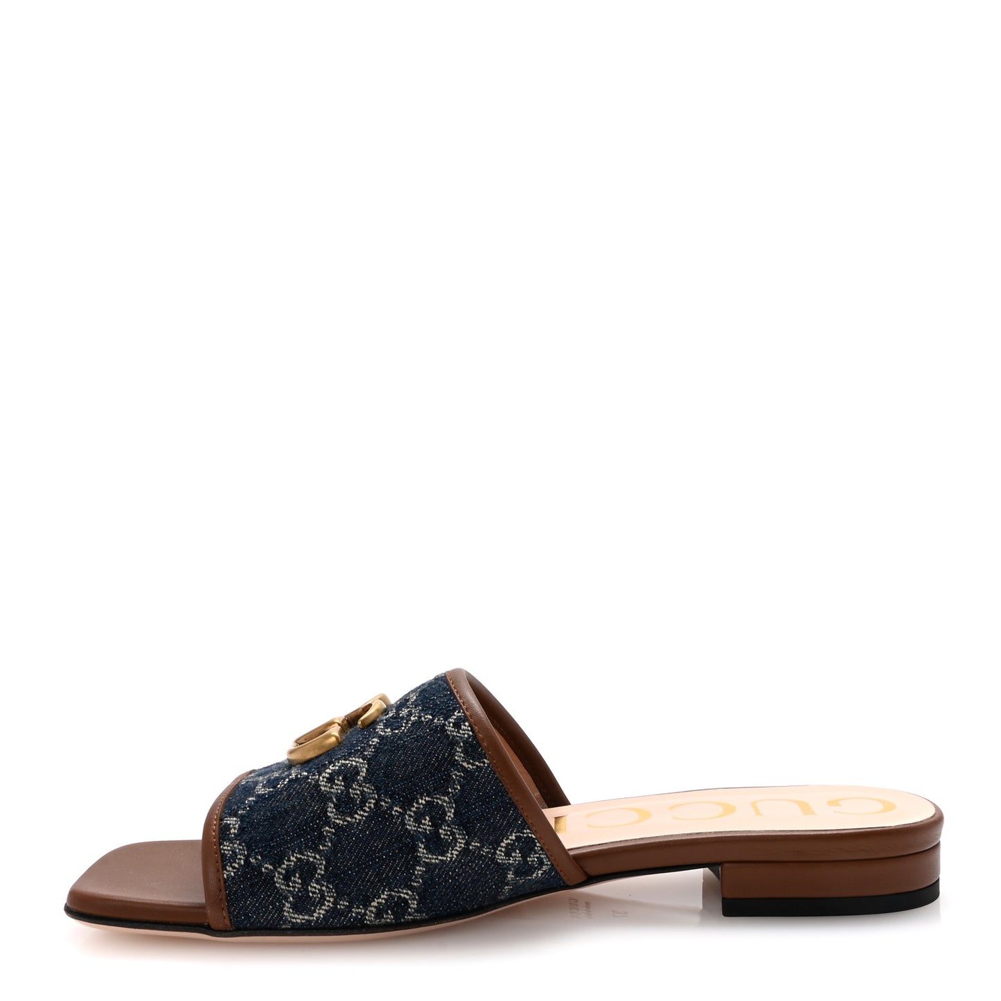 New Denim GG Monogram Miro Soft Calfskin Jolie Slide Sandals 37 Blue Tea Cuir Epilog