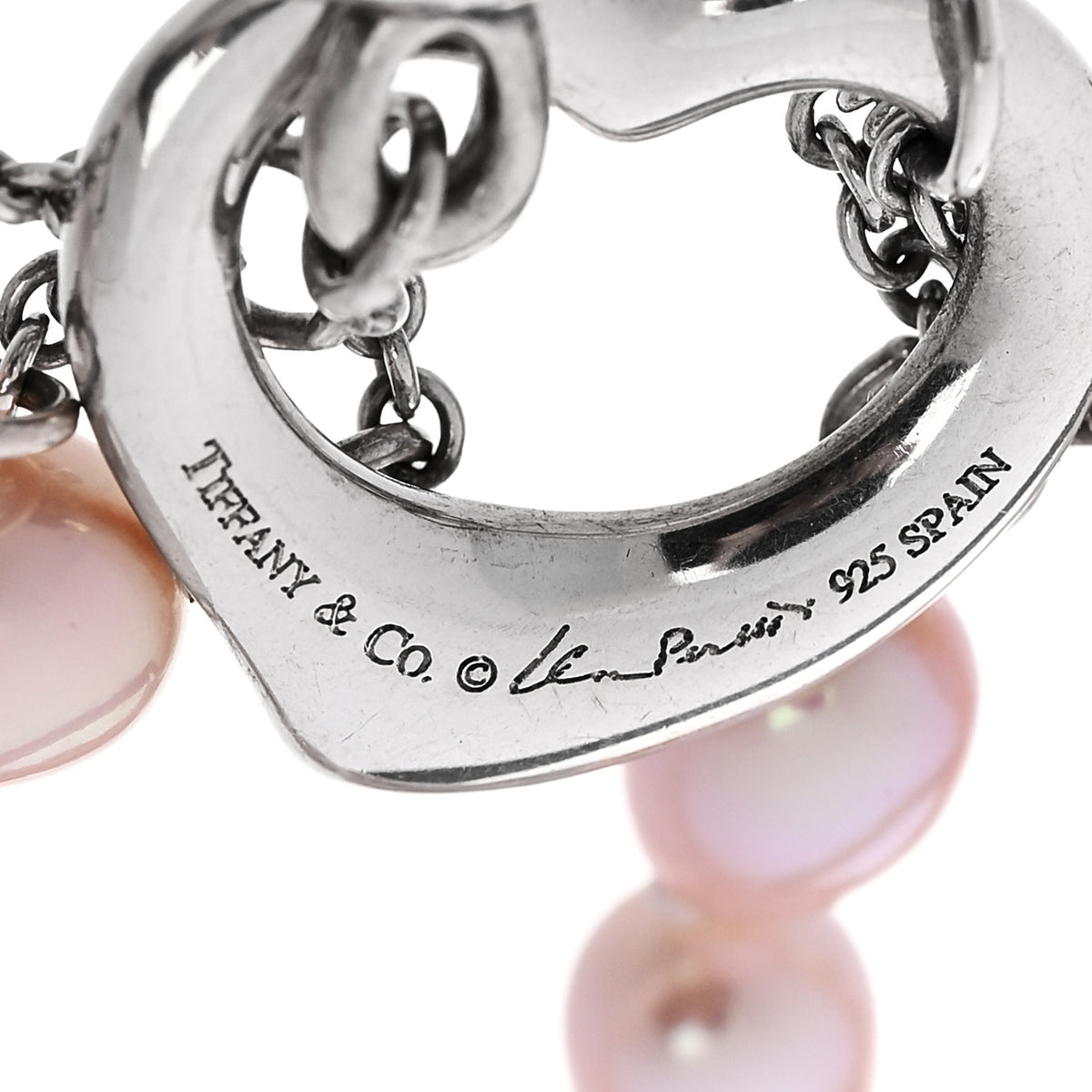 Sterling Silver Pink Cultured Pearl Elsa Peretti Three Strand Heart Toggle Bracelet