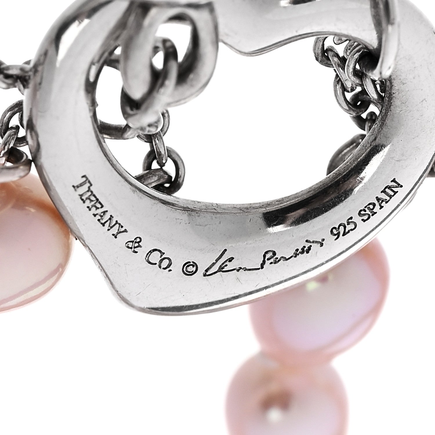 Tiffany Sterling Silver Pink Cultured Pearl Elsa Peretti Three Strand Heart Toggle Bracelet 3 of 3
