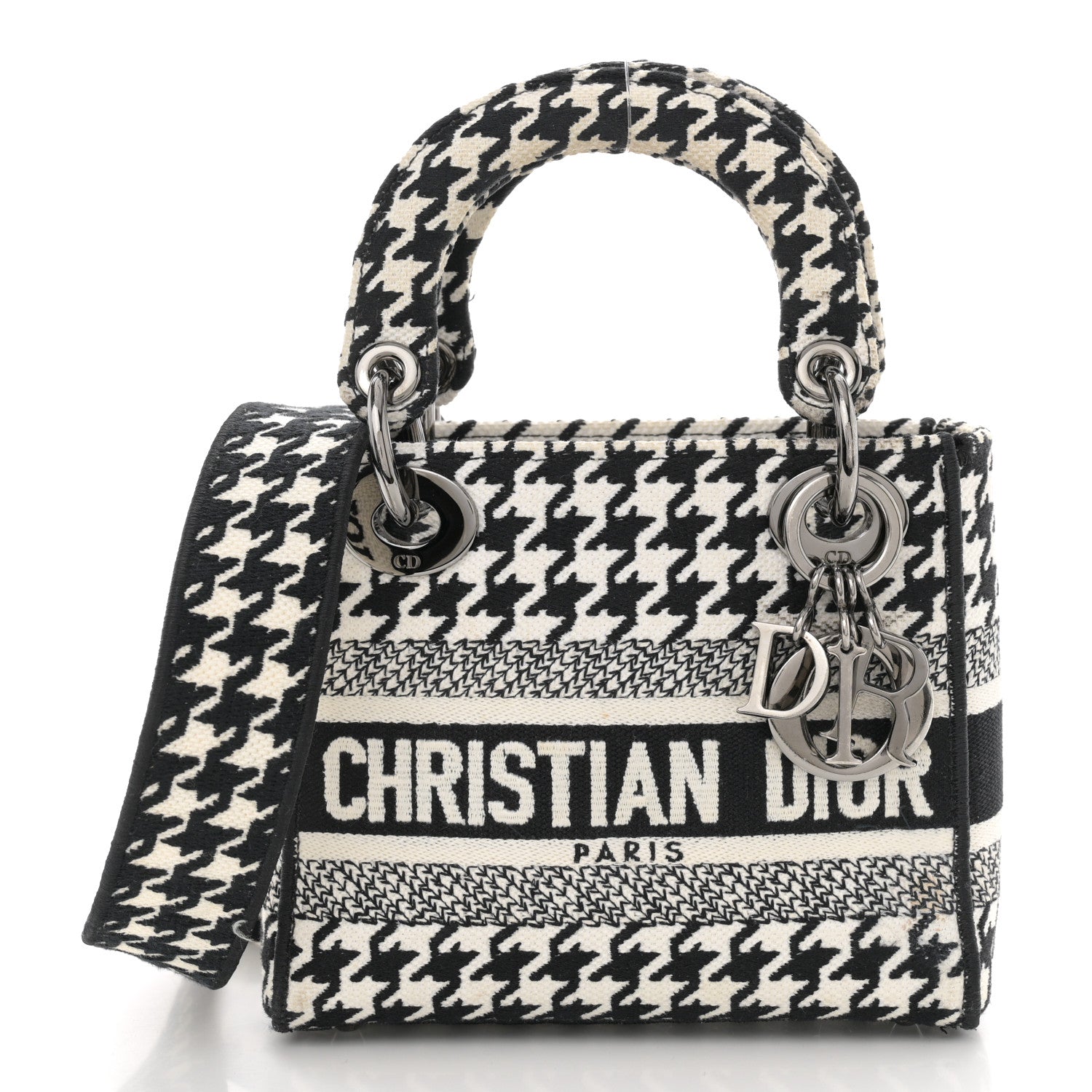 Christian Dior Canvas Houndstooth Embroidered Mini Lady D-Lite Black White 1 of 10