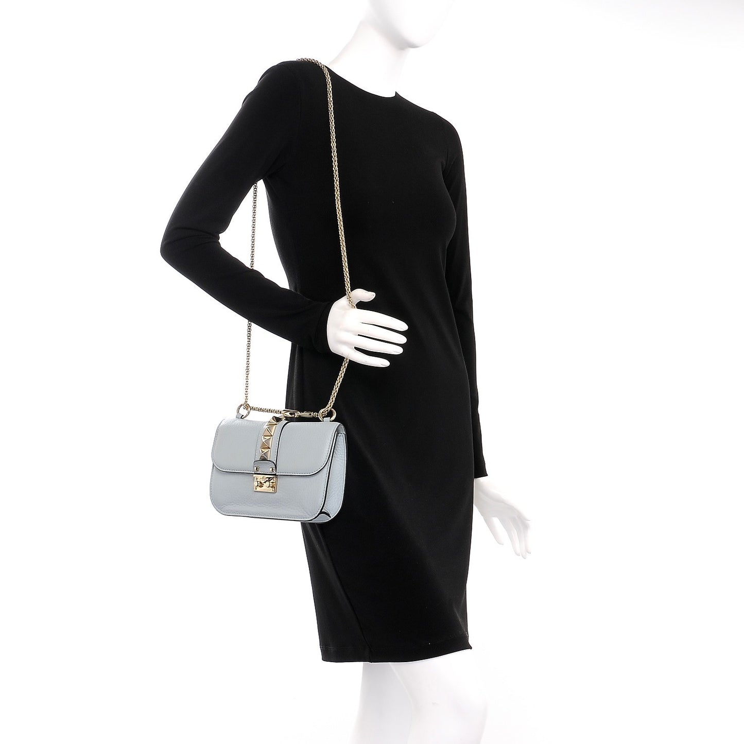 Pebbled Calfskin Small Glam Lock Rockstud Flap Sky Sorbet