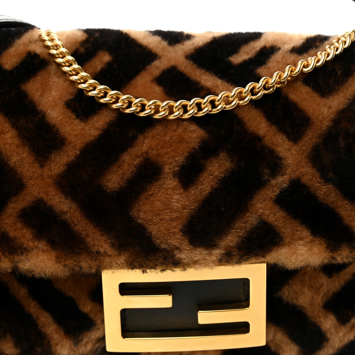 Shearling Vitello Dolce Macro FF 1974 Mini Baguette Tobacco Black