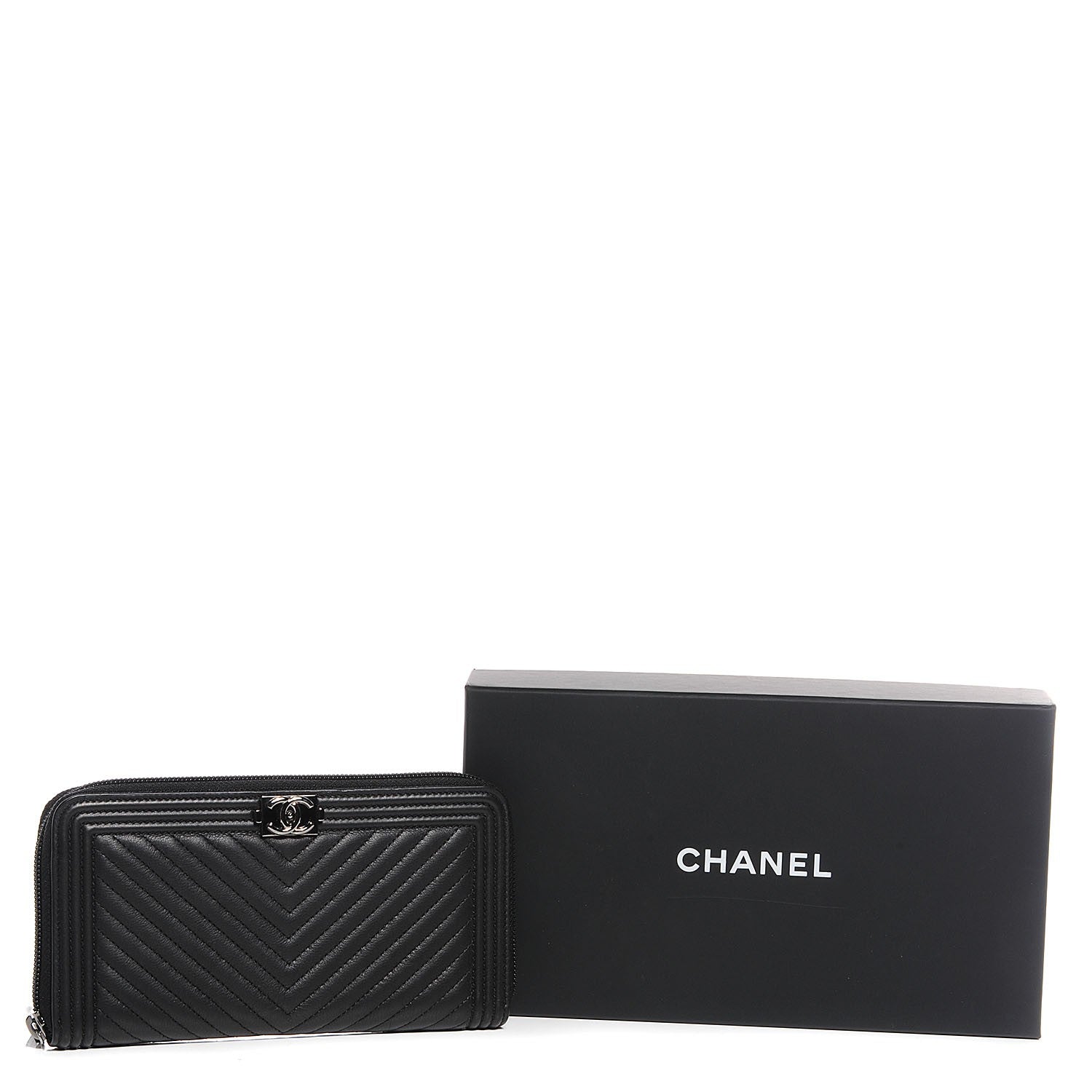 Chanel Calfskin Chevron Zip Around Boy Wallet Black 5 of 8