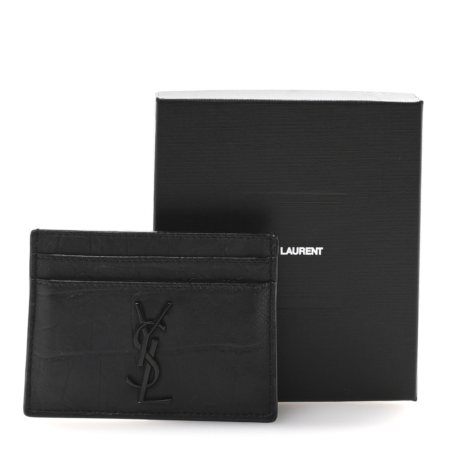 Calfskin Crocodile Embossed Monogram Credit Card Case Black