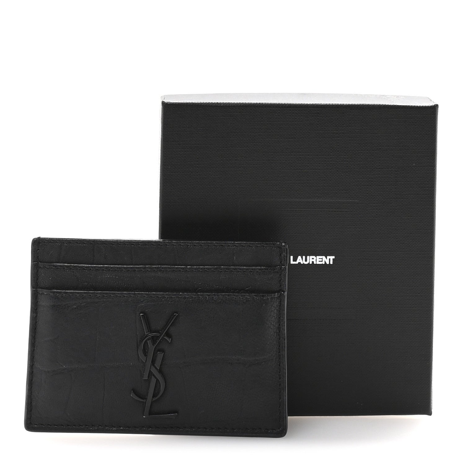 Saint Laurent Calfskin Crocodile Embossed Monogram Credit Card Case Black 8 of 8