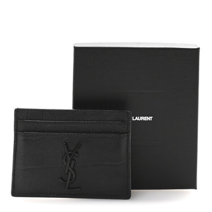 Saint Laurent Calfskin Crocodile Embossed Monogram Credit Card Case Black 8 of 8