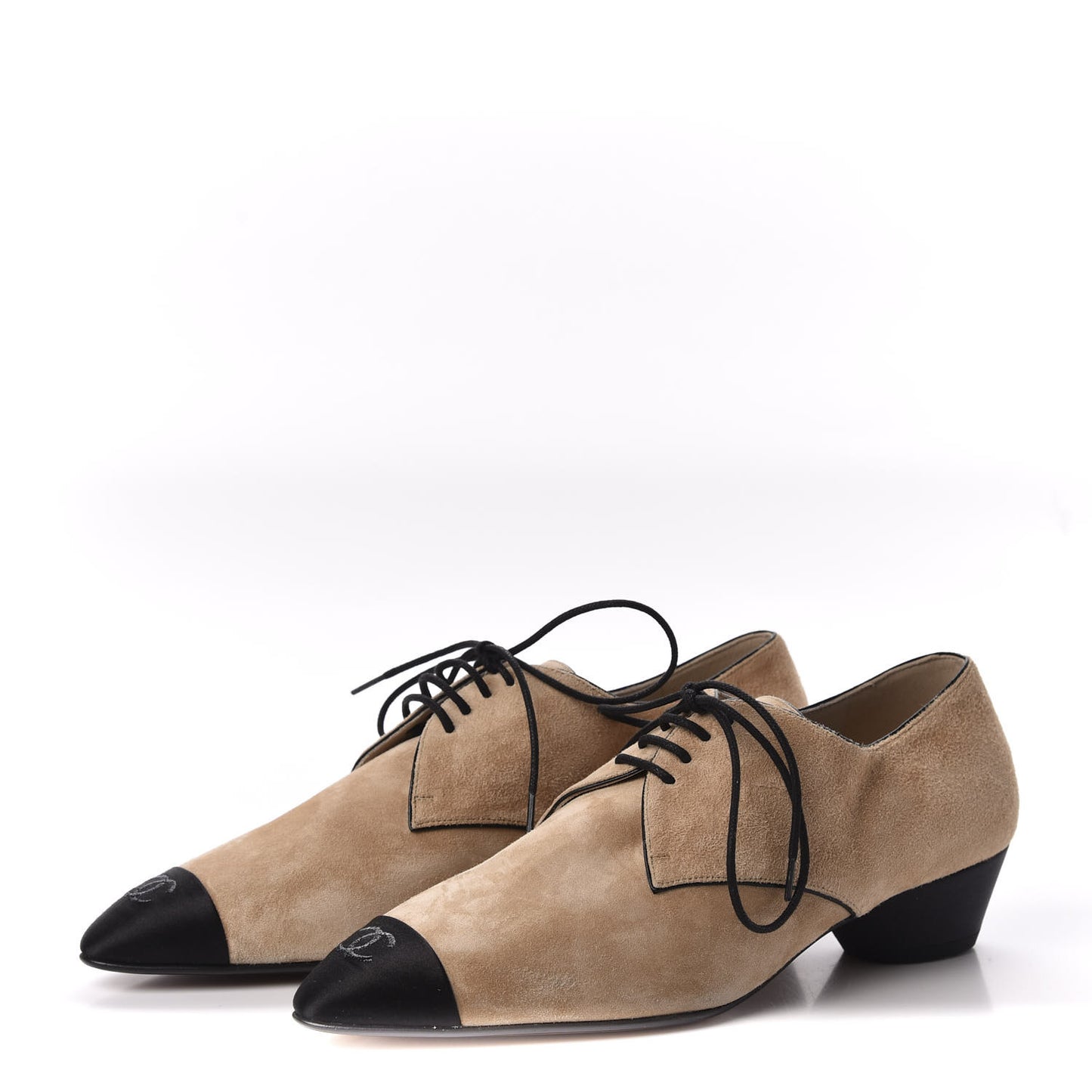 Suede Calfskin Satin Cap Toe Lace Up Oxfords 38.5 Beige Black
