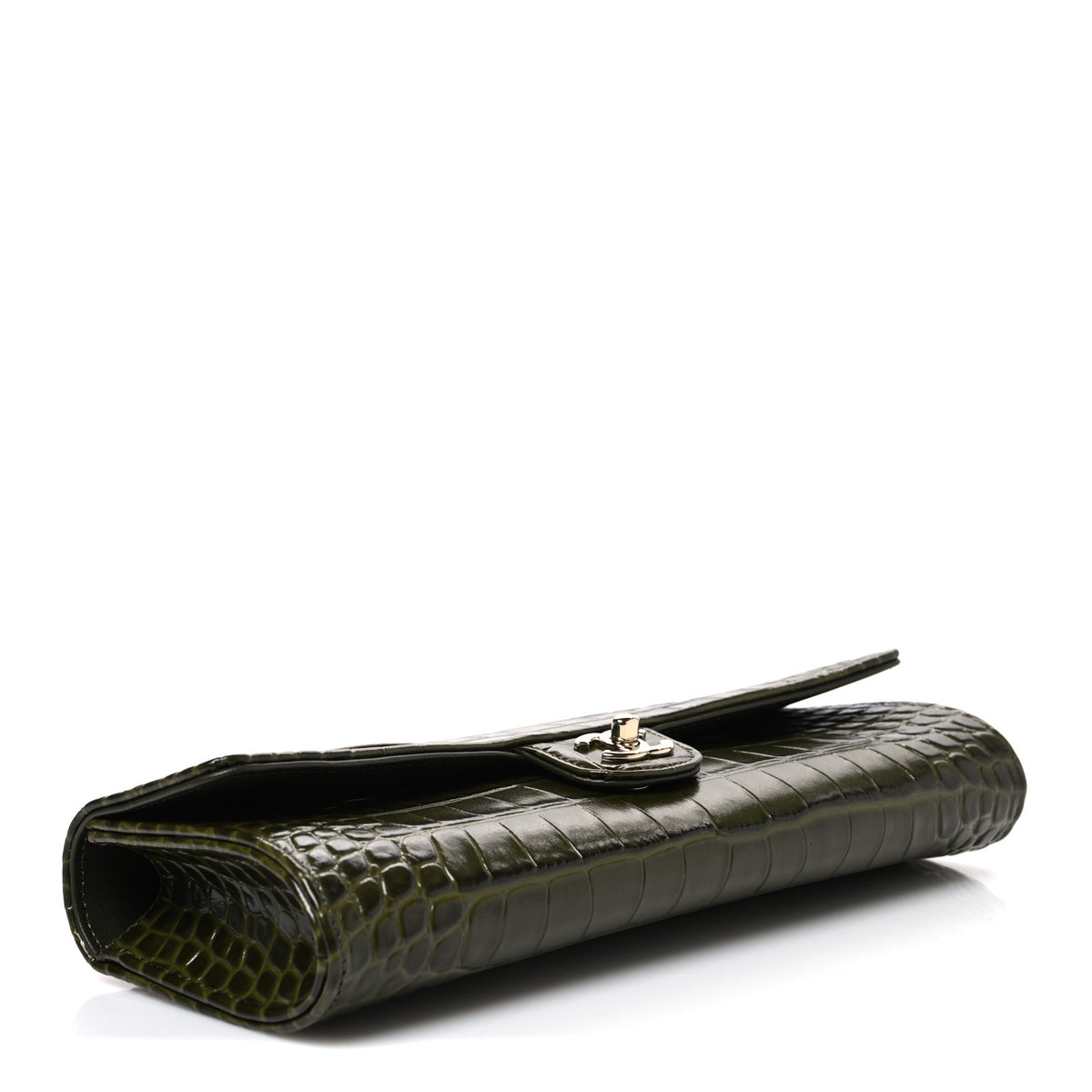 Chanel Calfskin Crocodile Embossed Top Handle Long Clutch With Chain Khaki 4 of 12