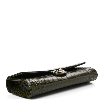 Chanel Calfskin Crocodile Embossed Top Handle Long Clutch With Chain Khaki 4 of 12