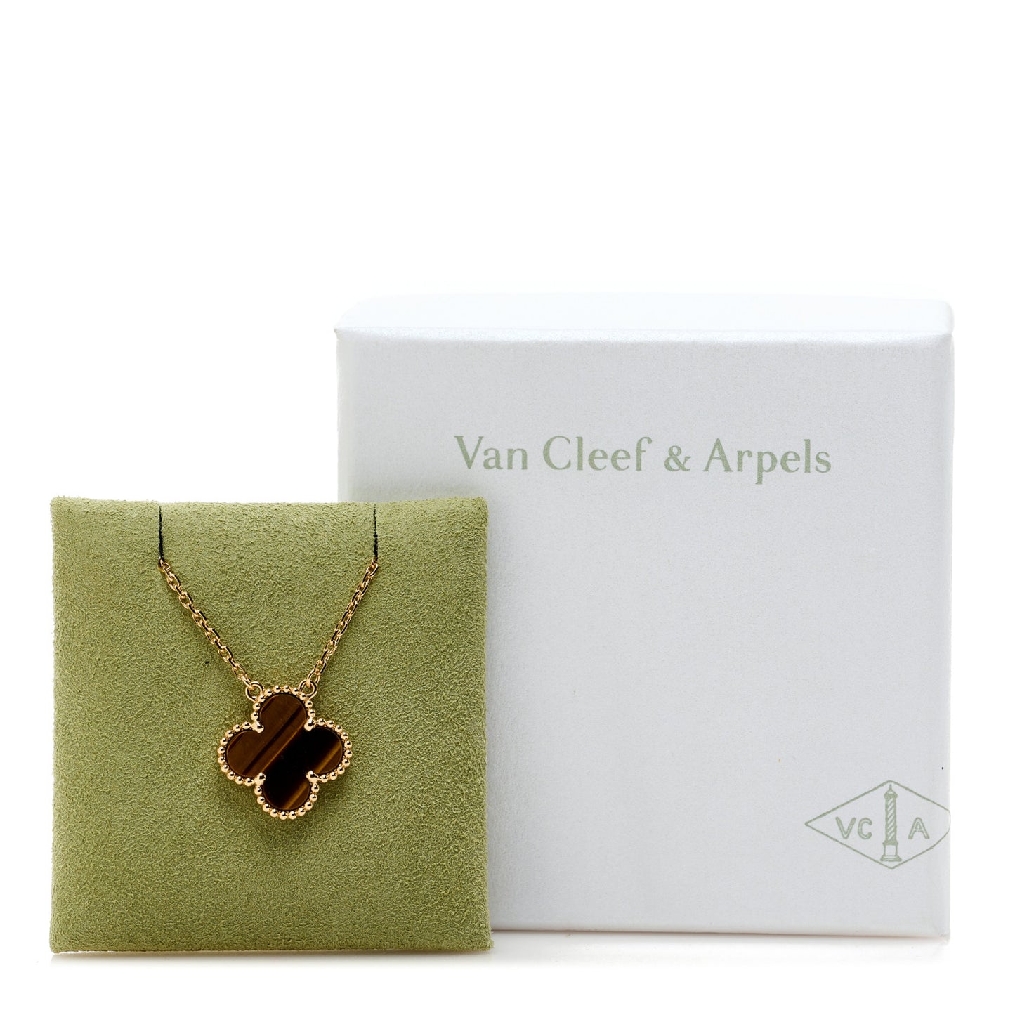 18K Yellow Gold Tiger Eye Vintage Alhambra Pendant Necklace