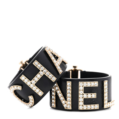 Chanel Crystal Lambskin Cha-Nel Logo Cuff Set M Black Gold 1 of 5